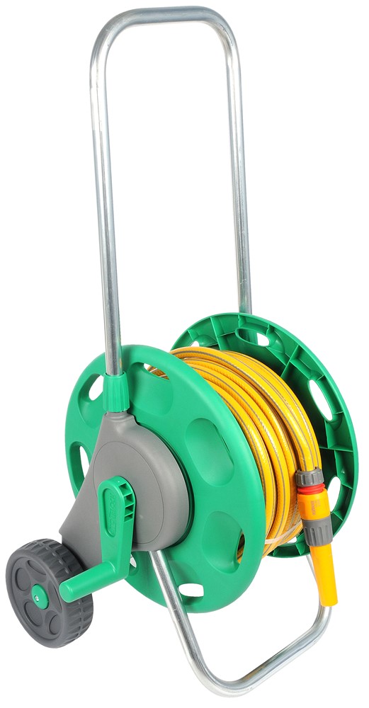 Hozelock slangenwagen inclusief 20 meter slang, startset koppelstukken en tuinspuit.
